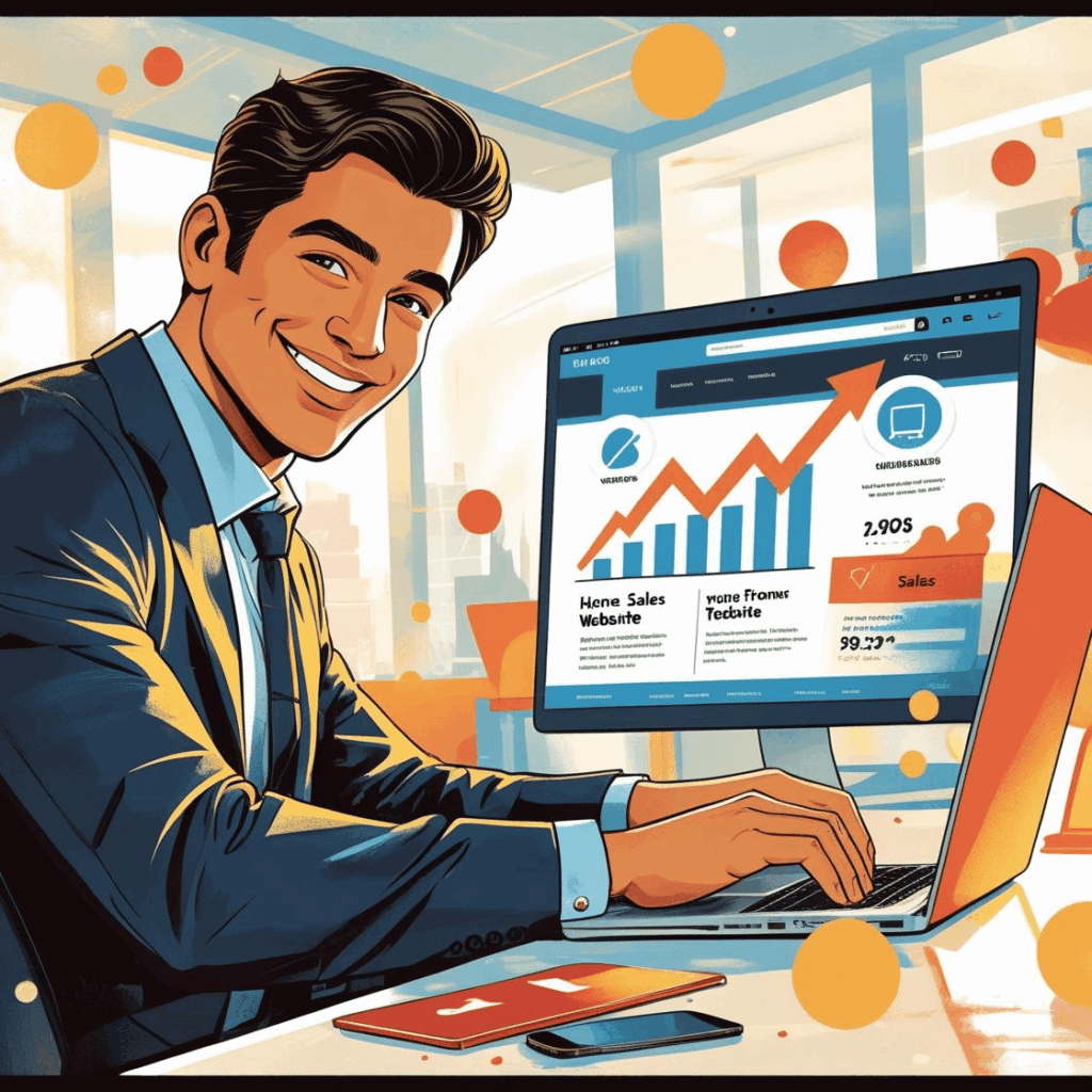 Empresário de pequeno negócio feliz, usando laptop com website profissional e gráfico de vendas em crescimento, simbolizando sucesso e visibilidade online.
