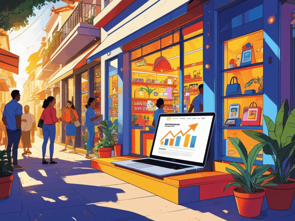 Pequena empresa brasileira com website moderno e vibrante, se destacando visivelmente de concorrentes tradicionais em um mercado, simbolizando liderança e inovação digital.