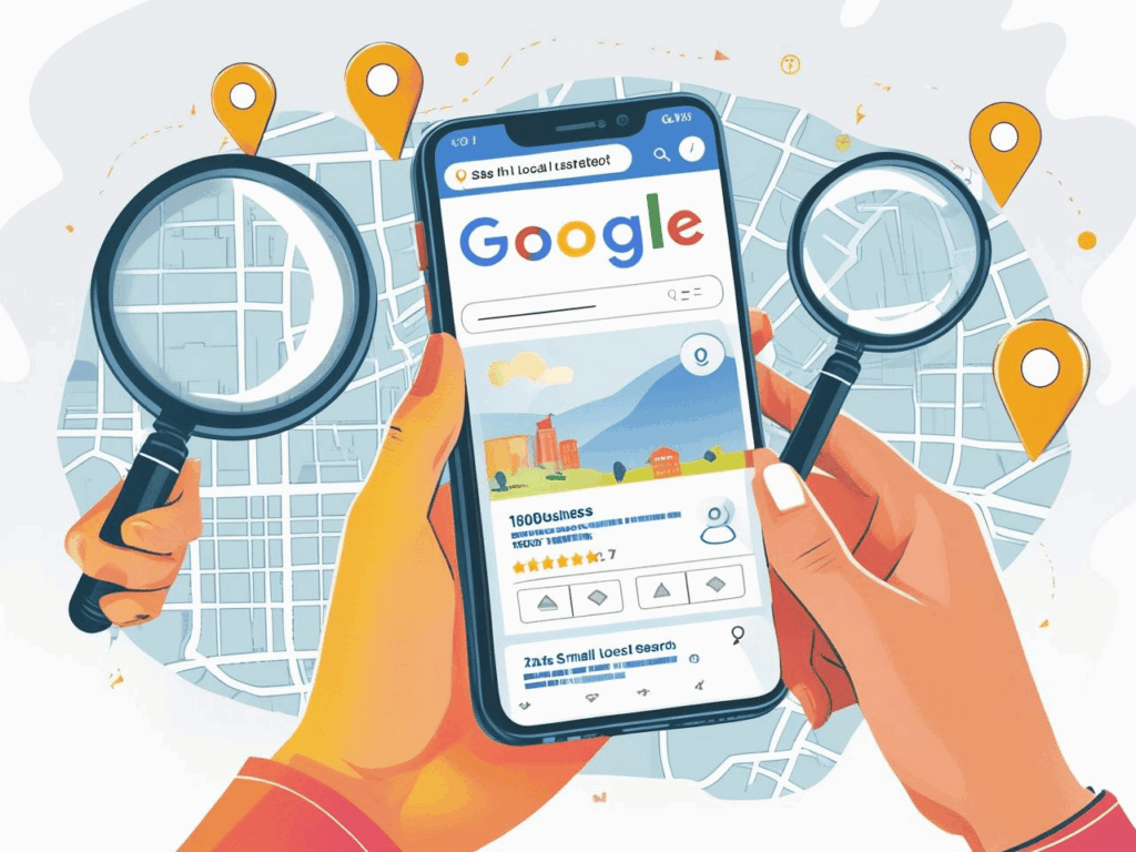 Mão segurando um celular com resultados de busca do Google destacando um negócio local, simbolizando a visibilidade online e a facilidade de ser encontrado por clientes.