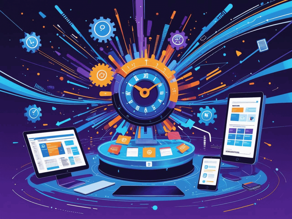 Representação visual de um website operando 24/7, com ícones de alcance global, automação e diversas funções (portfólio, blog), simbolizando um negócio impulsionado digitalmente.