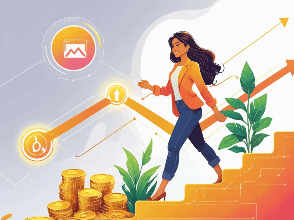 Jovem empresário iniciando sua jornada para ganhar dinheiro com website, com um caminho de crescimento e moedas subindo.