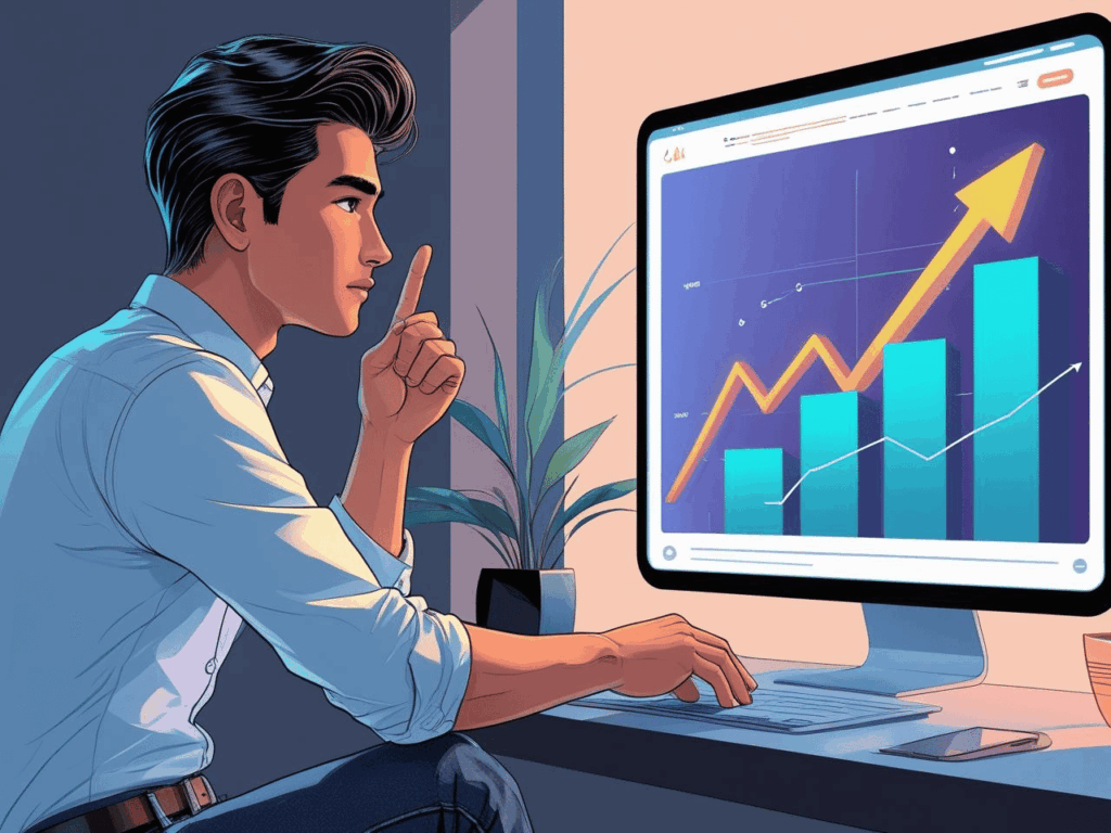 Pequeno empresário observando o crescimento do tráfego do site em um gráfico, indicando o momento certo para expandir o website e gerar ganhos online.