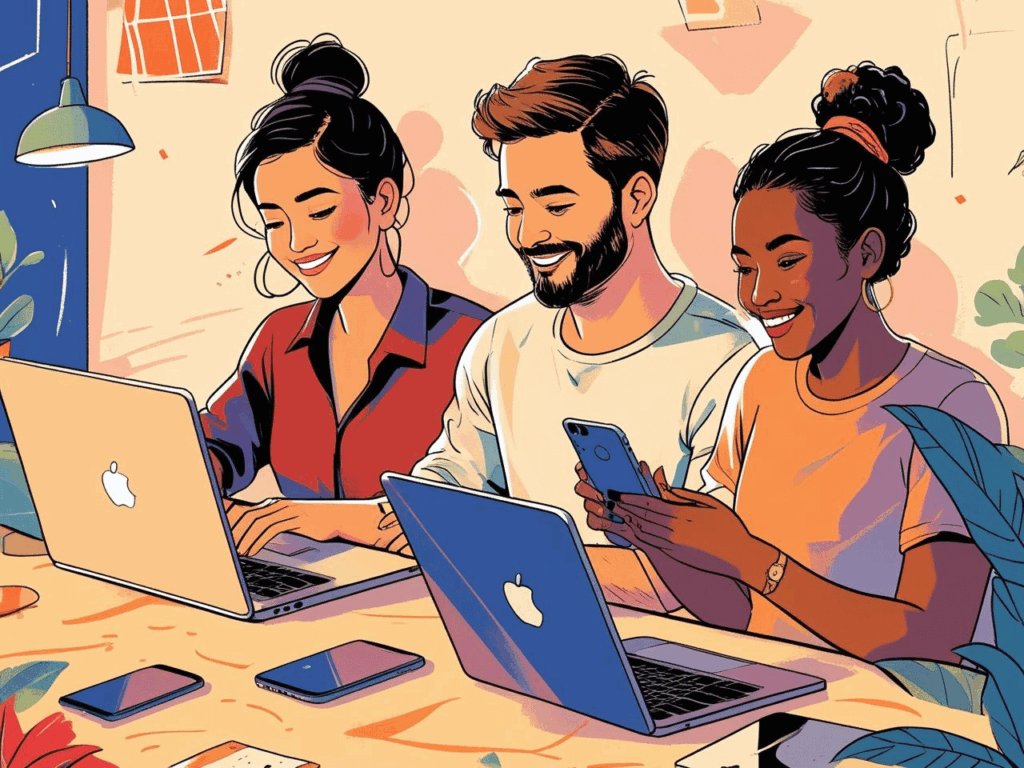 Pessoas de diversas origens, incluindo pequenos empresários, freelancers e criadores de conteúdo, usando notebooks e tablets, mostrando a acessibilidade de como ganhar dinheiro com website.