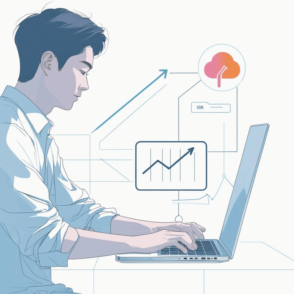 Ilustração de pessoa digitando em laptop, otimizando a criação de websites de sucesso com dados e estratégia digital.