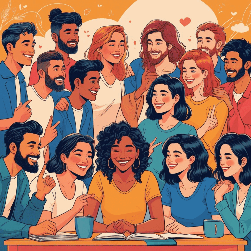 Ilustração de uma comunidade digital engajada em um blog de bem-estar, representando alunos fiéis e conectados.