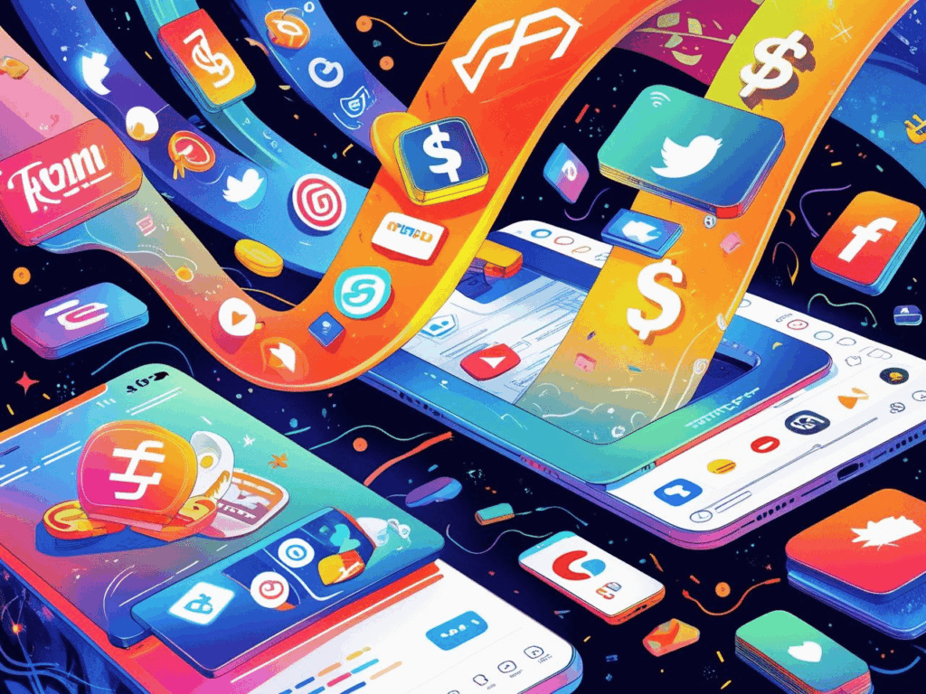 Monetização de conteúdo patrocinado: dinheiro e logos de empresas para criadores de posts e vídeos