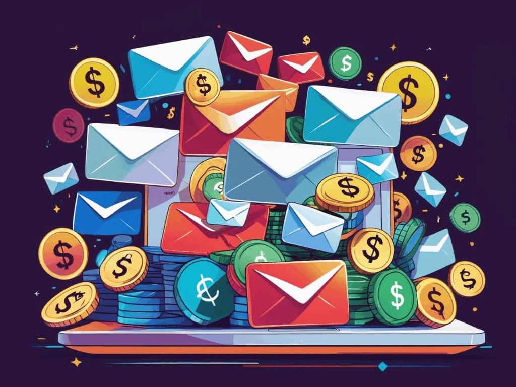 Interface digital com ícones de e-mail e dinheiro representando a construção estratégica de lista de e-mails para multiplicar ganhos e engajar audiência fiel