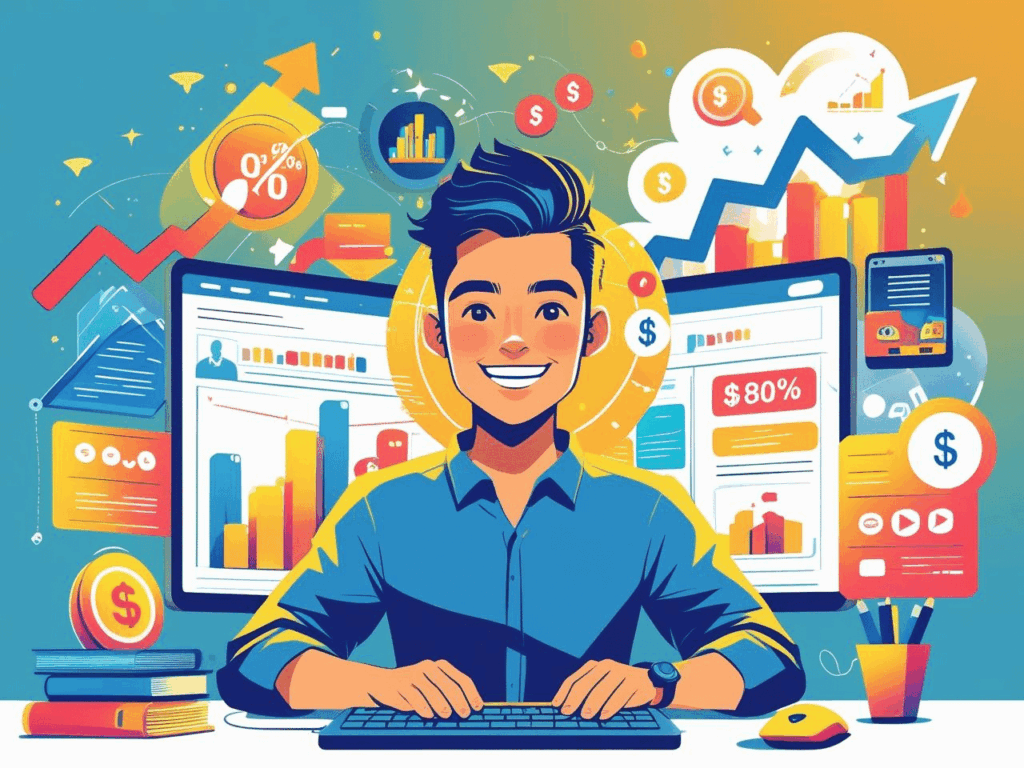 Pessoa no computador monetizando sua expertise com e-books, cursos e consultorias lucrativas no ambiente digital