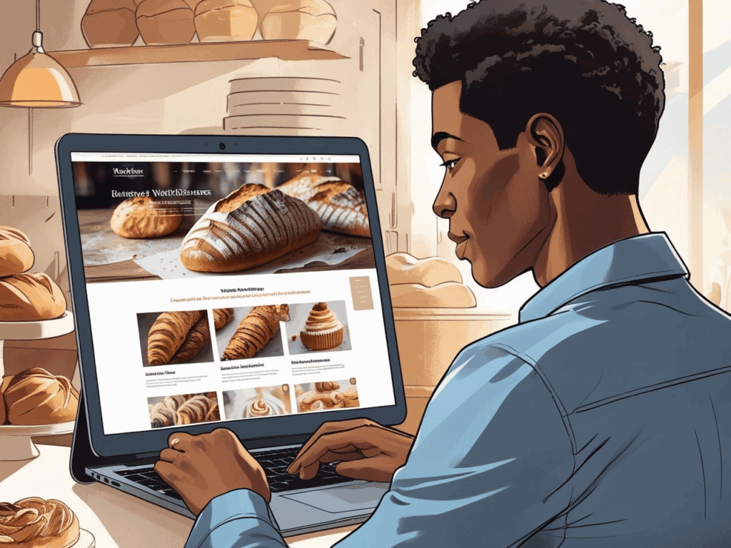 Pessoa utilizando o tema WordPress Noucake para criar um site profissional de padaria ou confeitaria, destacando a facilidade de construir um negócio online de sucesso.