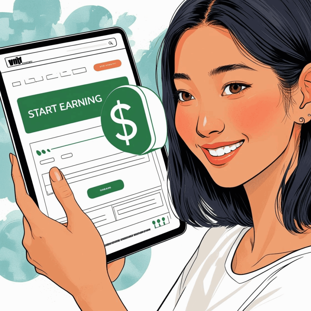 Pessoa sorrindo com site e anúncios, ganhando dinheiro fácil com Google AdSense.