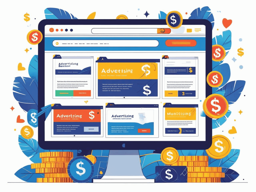 Website com banners de anúncios e símbolos de dinheiro, representando a monetização através da venda de publicidade online e geração de receita direta