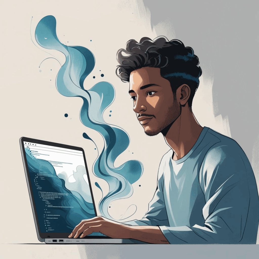 Pessoa calma e focada solucionando problemas e bugs comuns de WordPress no laptop