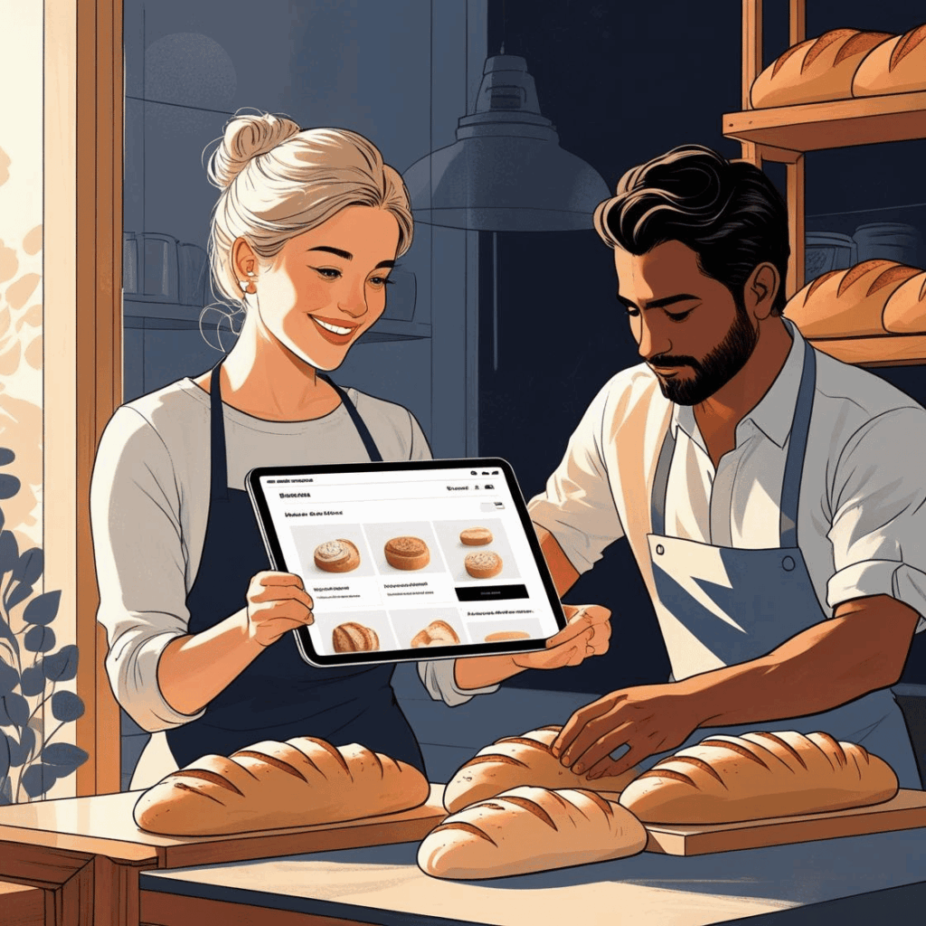 Padaria Xocora WooCommerce WordPress Theme: Mulher interage com tablet exibindo loja online de panificação e homem organiza pães artesanais frescos em ambiente moderno e acolhedor