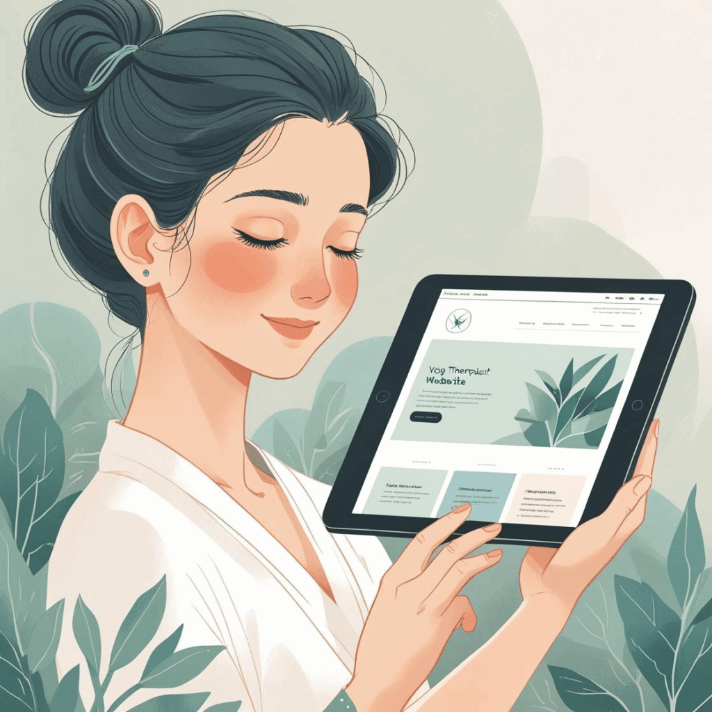 Pessoa calma, instrutor de yoga ou terapeuta, usando site simples e funcional, focado no que ama com tecnologia amigável.