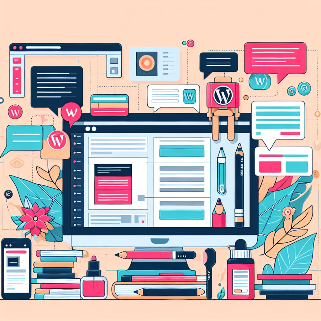 Ilustração que representa a criação de um site em WordPress com dicas e ícones de plugins.