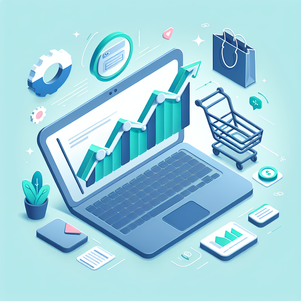 Ilustração vetorial representando vendas online com elementos como computador e gráficos.
