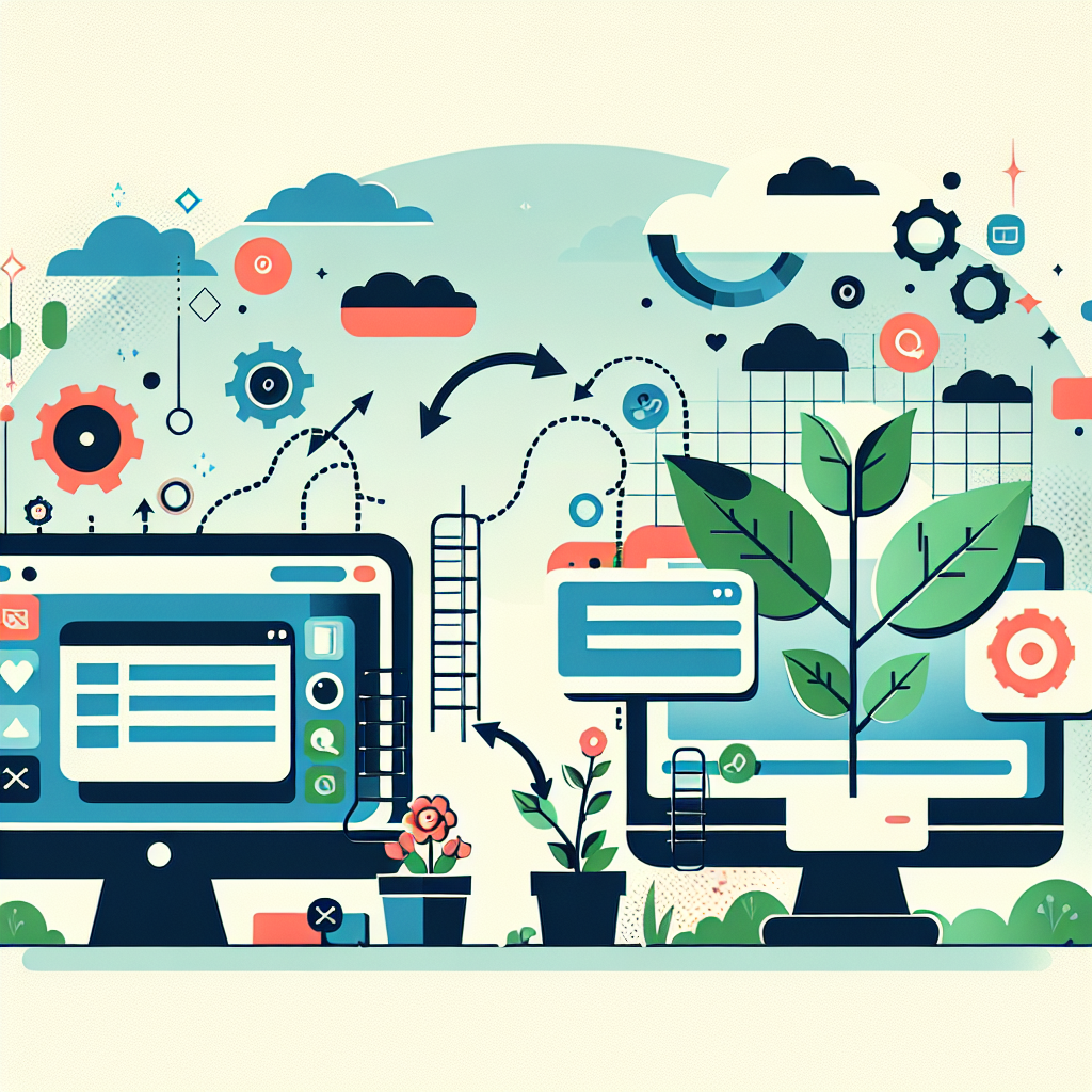 Ilustração minimalista sobre a transformação de um site com elementos digitais e naturais.