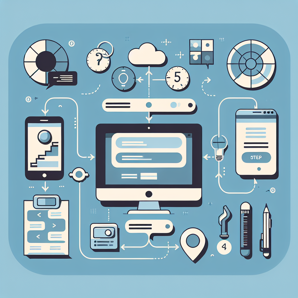 Ilustração representando o processo de criação de um site em 5 etapas.