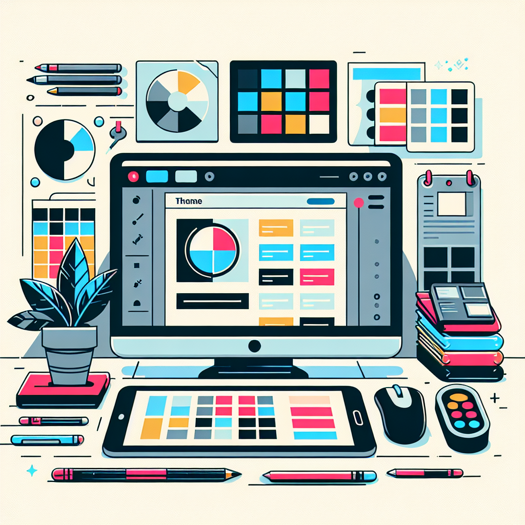 Ilustração de laptop com seleção de temas para WordPress.