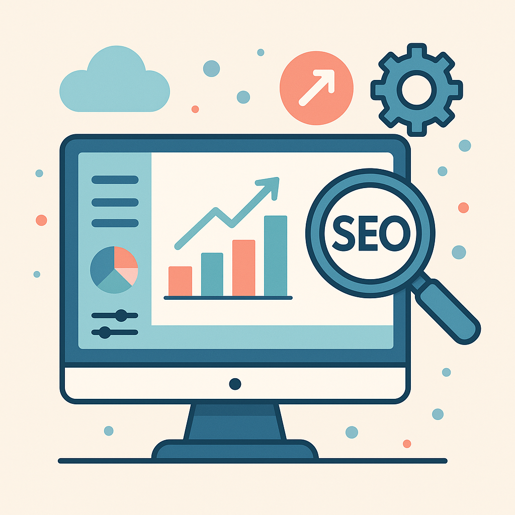 Ilustração flat com ícone de lupa, gráficos e elementos de otimização representando configuração inicial de SEO.