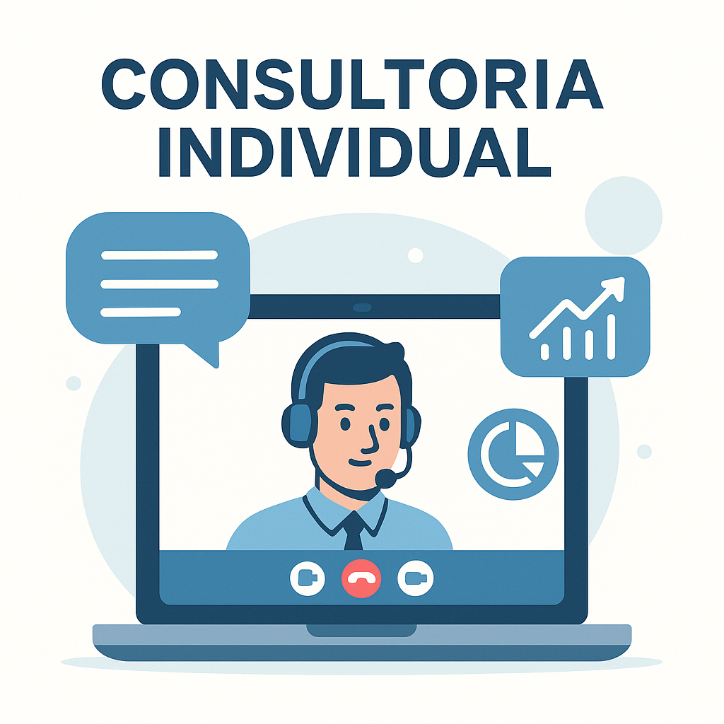 Ilustração flat de uma videochamada com ícones de diálogo e análise, representando consultoria individual de 30–60 minutos.
