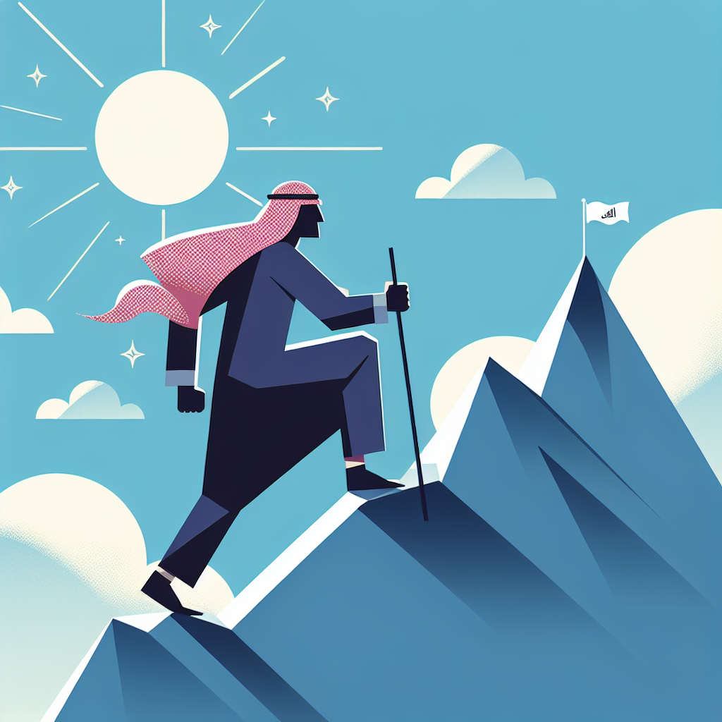 Ilustração de uma pessoa subindo uma montanha, simbolizando determinação nos negócios.